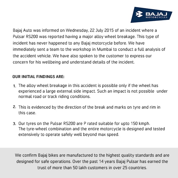 Bajaj Pulsar RS 200 crash official statement