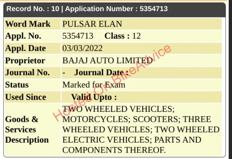 Bajaj Pulsar Eleganz Elan Names Trademark Image 2