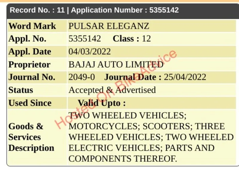 Bajaj Pulsar Eleganz Elan Names Trademark Image