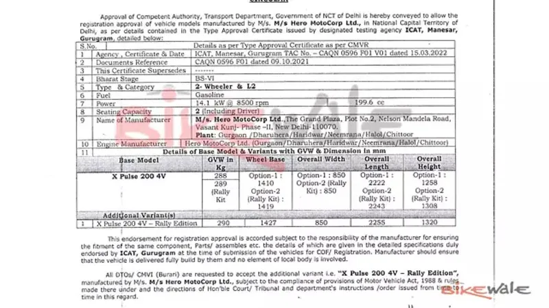 2022 Hero Xpulse 200 4V Rally Edition Type Approval Document Leaked